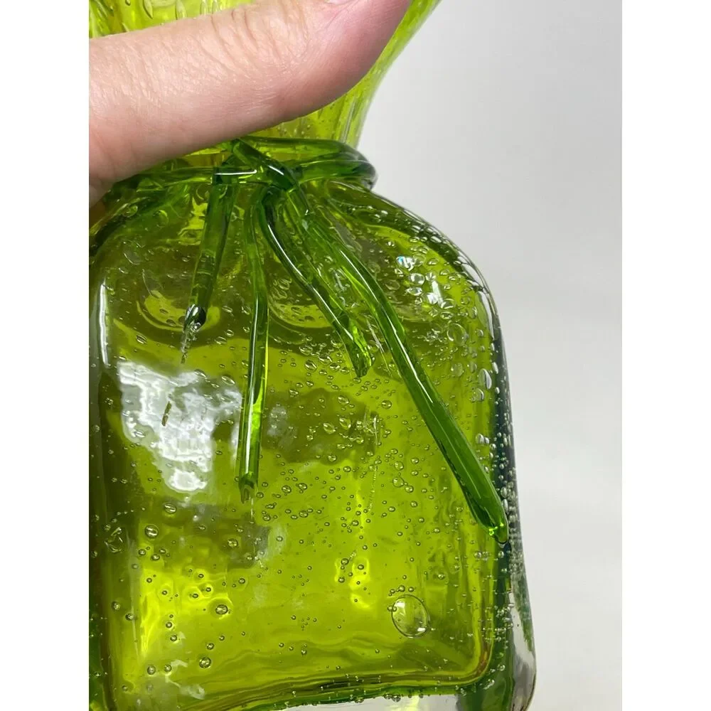 Vintage Art Glass Vase Hand Blown Apple Green Bubble Paper Bag Ribbon Ruffle